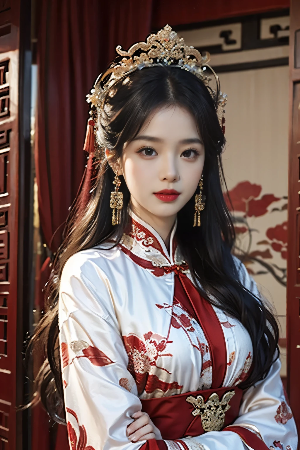 (Ultra-realistic 8k CG: 1.2), perfect artwork, delicate patterns, intricate details, (unparalleled masterpiece, best quality: 1.2), (extremely complex: 1.2), a woman in a red and gold Chinese style long dress, phoenix crown, hair stick, blush, shyness, black_hair, (forehead point), curtains, earrings, hanfu, jewelry, red nails, red lips, tassels, (red quilt), (Red Palace: 1.2), (Ancient Chinese Architecture), (Red: 1.8), Night