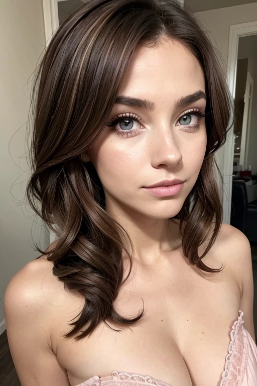 pussy, Belle fille, Marron_eyeeautiful mince adolescente de 18 ans, cheveux color [Brown highlights cheveux], [Pixie undercut] cheveux)), boucles d’oreilles, lèvres, Réaliste, taille étroite, charmant, pink lèvrestick, maquillage coloré, Cils longs, boucles d’oreilles, porter de l’eye-liner, peau claire, (mignon), (face détaillée), Yeux détaillés, Iris détaillé, en nuisette de nuit, pyjama,  