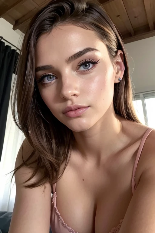 pussy, Belle fille, Marron_eyeeautiful mince adolescente de 18 ans, cheveux color [Brown highlights cheveux], [Pixie undercut] cheveux)), boucles d’oreilles, lèvres, Réaliste, taille étroite, charmant, pink lèvrestick, maquillage coloré, Cils longs, boucles d’oreilles, porter de l’eye-liner, peau claire, (mignon), (face détaillée), Yeux détaillés, Iris détaillé, en nuisette de nuit, pyjama,  {De la tête aux pieds, montrant tout ton corps:1.7}, avec grimace 