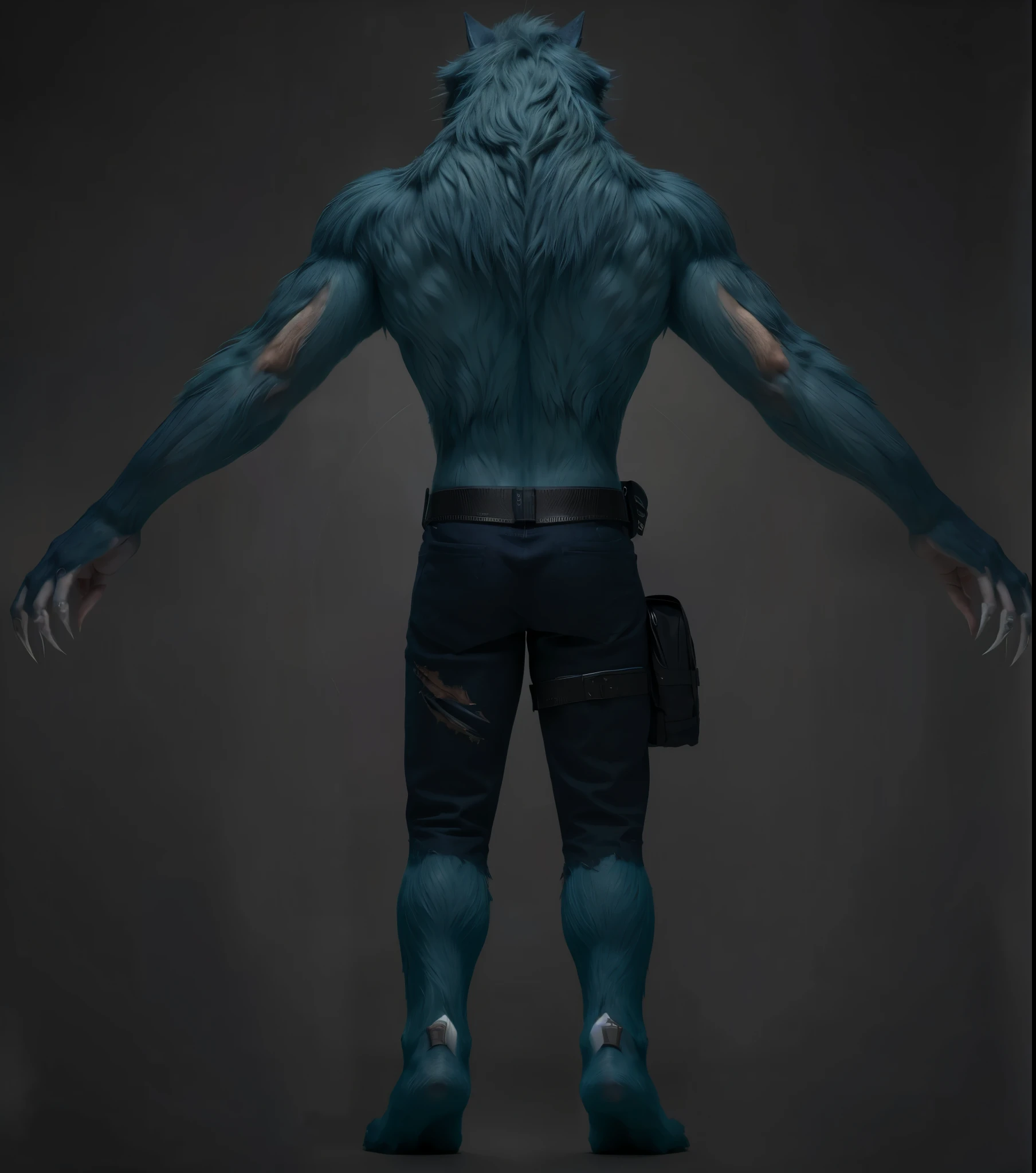 (masterpiece),(best quality:1.0),(ultra high resolution:1.0), monster, werewolf, back, claws, fangs, hair on the body, torn pants, wolfteam,  8k wallpaper, full body
