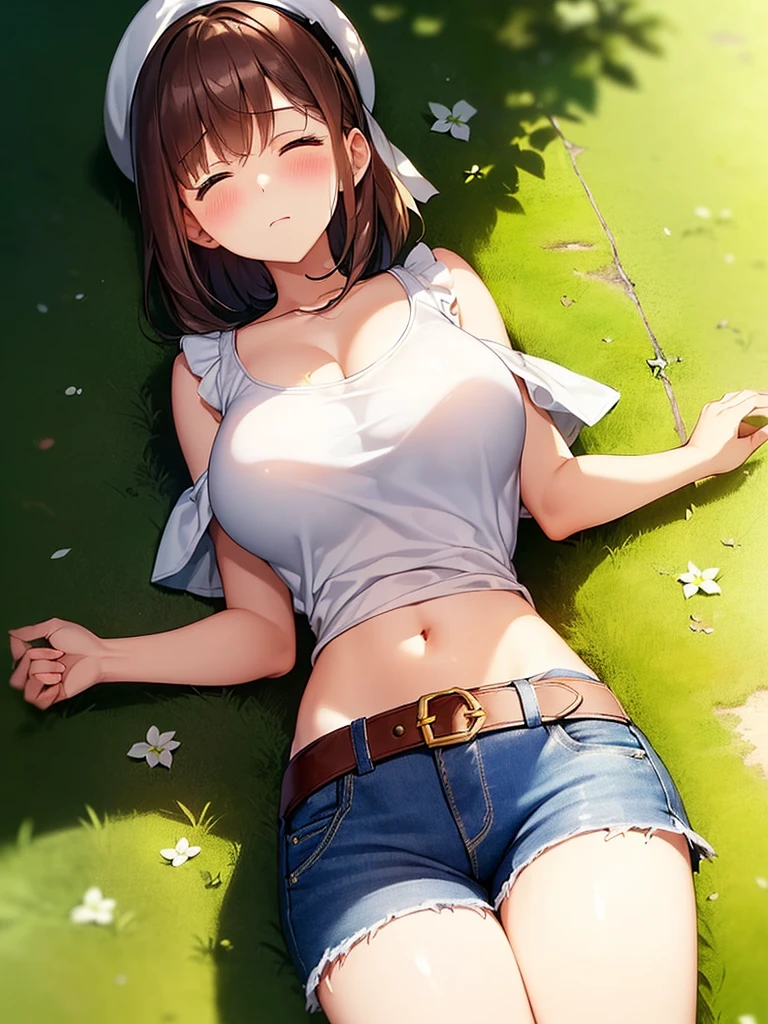 (lying on the ground:1.3), ((From above)), ((Fully closed eyes:1.2)), 1 girl, ((blush:1.2)), ((Expressionless)), ((white shirt)), huge , naughty big bre shorts, ((long and thin legs)), ((thin waist)), thighs, beret, Beautiful woman, wet clothes, Close your legs, Looks good, defenseless, body convulsions