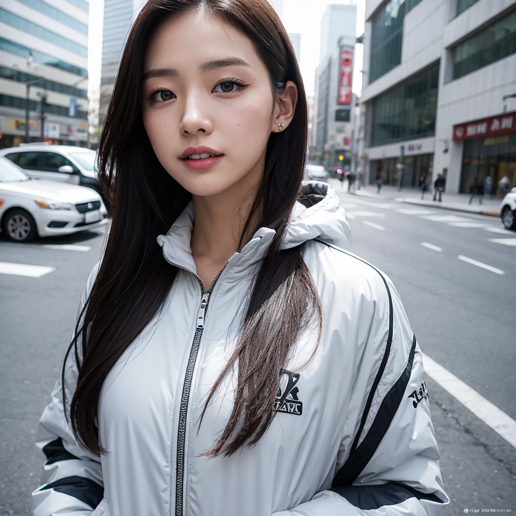 white down jacket，Wearing casual fashion,Go out with a smile， Yoshitomo Nara, good young girl, sexy :8, reluvy5213, attractive pose, sexy girl, gorgeous young korean woman, beautiful asian girl, japanese model, korean girl, High resolution,8k,Shibuya cityscape