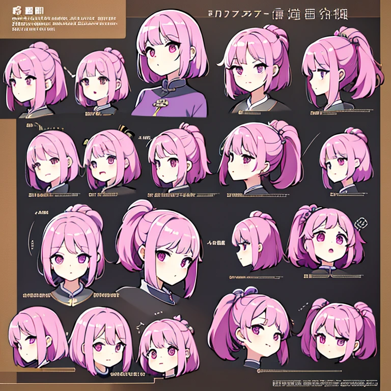 Personagem feminino da china ,cabelo longo,cheio e ondulado de cor castanho escuro, seus olhos castanhos escuro, cor da pele parda, in anime version, de cores das veste branca, with pink and lilac details, em desenho flores, uma personagem feminina estilo anime e uma mestra de bombas Model sheet.