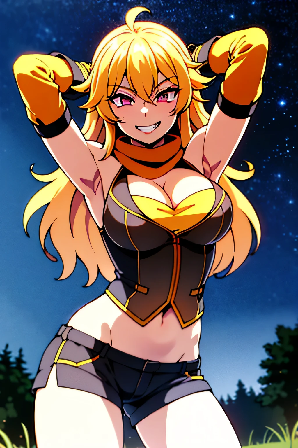 best quality, highres, absurdres, ultra detailed,  YangXiaoLong, 1girl, solo,  jacket, shorts, cleavage, anime_screencap, night sky, forest, arms behind head, spread armpits, midriff, contrapposto, cowboy shot, grin,