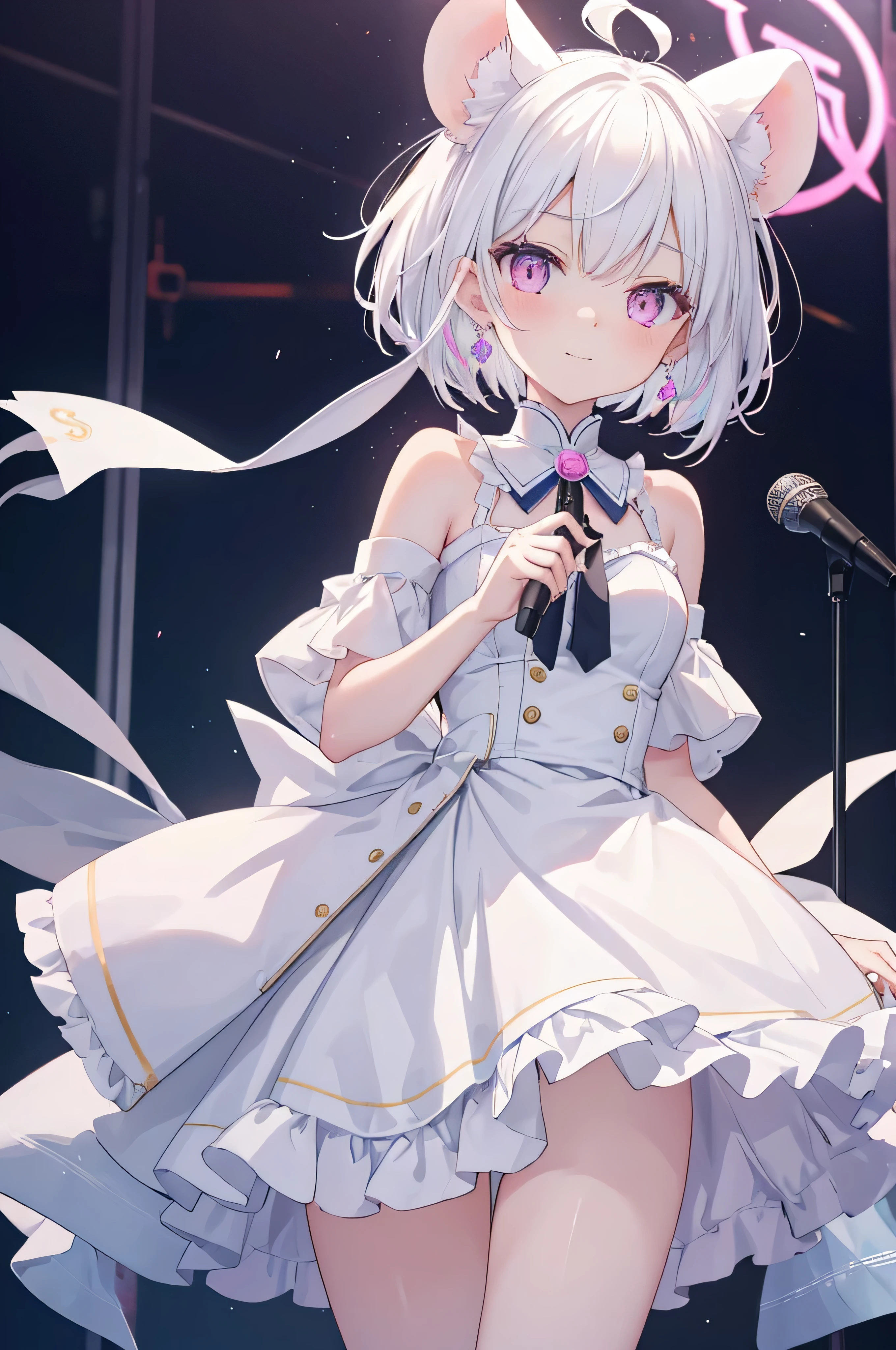 human changes，Thin and skinny loli figure，female face，subtle smile expression，white short hair，pink eyes，There are bright spots in the eyes，female hands，newbie，normal finger，microphone in hand，White mouse ears on head，Wearing gorgeous idol costumes，There are earrings on the ears，stand on stage，There are colorful cheering sticks under the stage，masterpiece，Exquisite and delicate的二次元精美画风，Exquisite and delicate，8K high quality，CG wallpaper，HD，bad milk，alone，tomorrow ark风格，tomorrow ark，white short hair，White mouse ears on head