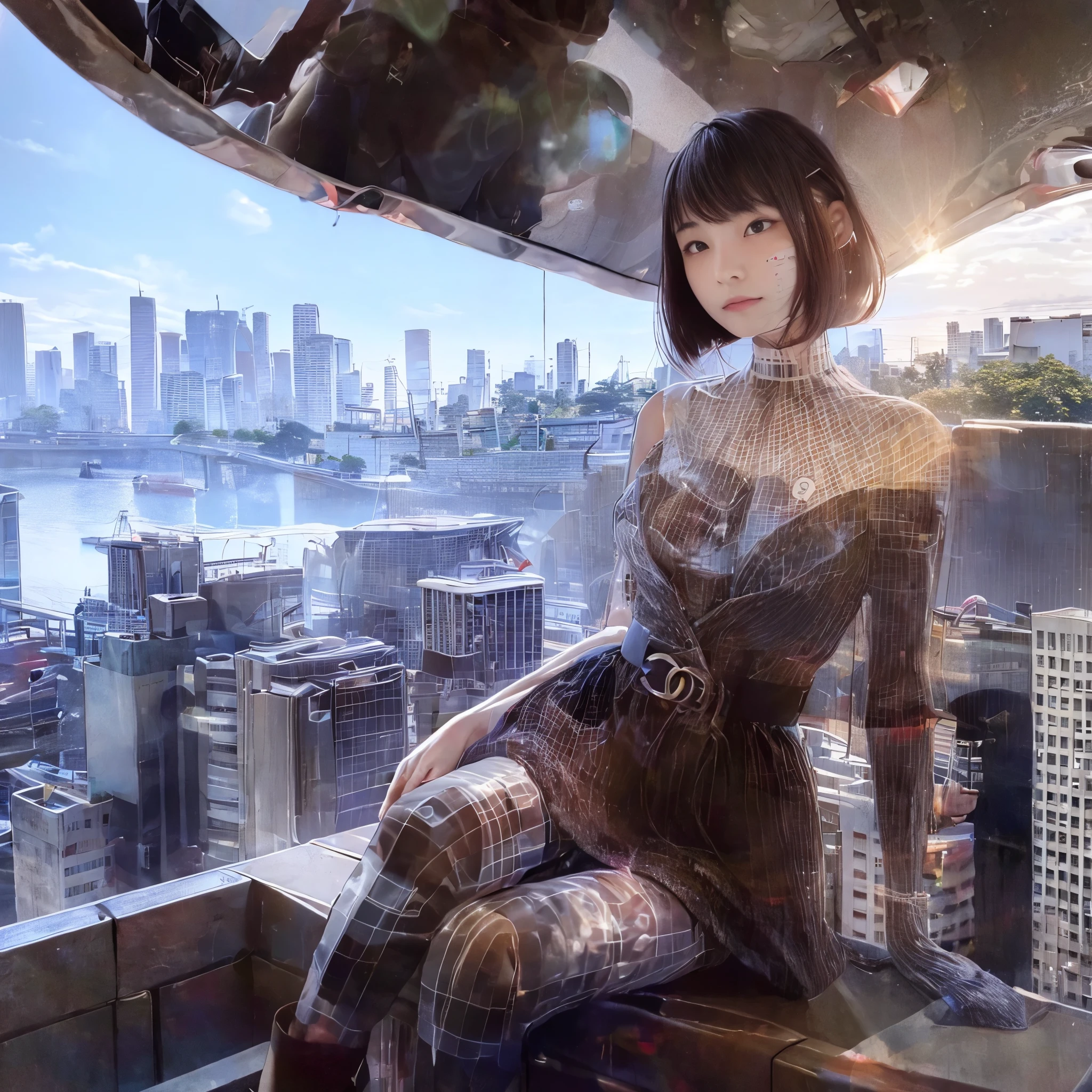 Photograph of the Tokyo cityscape with Tokyo Bay in the background. Two figures sit on the wall of a high-rise building near the bay, Ships of different eras sail far. One is a Japan female college student wearing Chanel, the other one is、She is a translucent AI goddess in a designer dress, Her background seen through her body. Countless words float around her like augmented reality. The warm morning light of a beautiful spring day illuminates