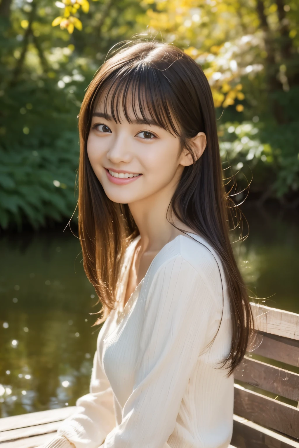 (((masterpiece))), top-quality, Extremely detailed, Detailed background, Quiet lakeside bench in the forest, Sitting, Very beautiful girl, Japanese, 12 yo, Detailed face, Bangs, Smile, (Full body:1.3), (Random hairstyles :1.2), (Young Face), (Perfect body:1.1), Blouse, Autumn, in 8K, Wallpaper, amazing, finely detail, Ultra-detailed, 超A high resolution, Extremely detailed, Pure erotic face, extremely detailed eye and face, Beautiful detailed eyes, highly detailedskin, No makeup, (Natural Skin),
