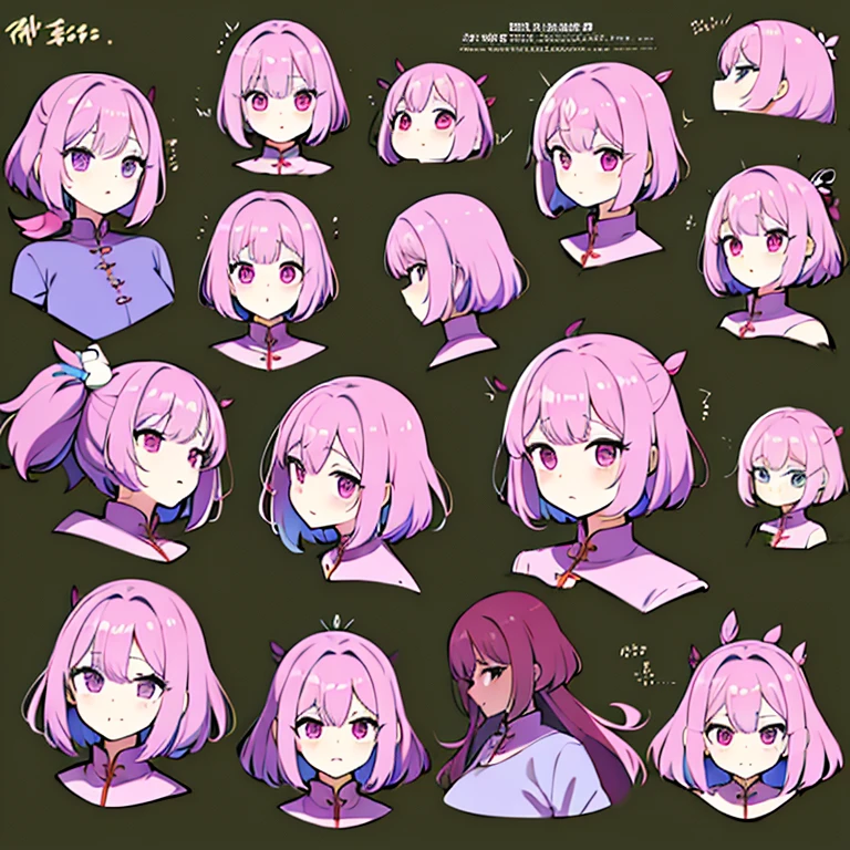 Personagem feminino da chinesa ,cabelo longo,cheio e ondulado de cor castanho escuro, seus olhos castanhos escuro, cor da pele parda, in anime version, de cores das veste branca, with pink and lilac details, em desenho flores, uma personagem feminina estilo anime e uma mestra de bombas Model sheet.