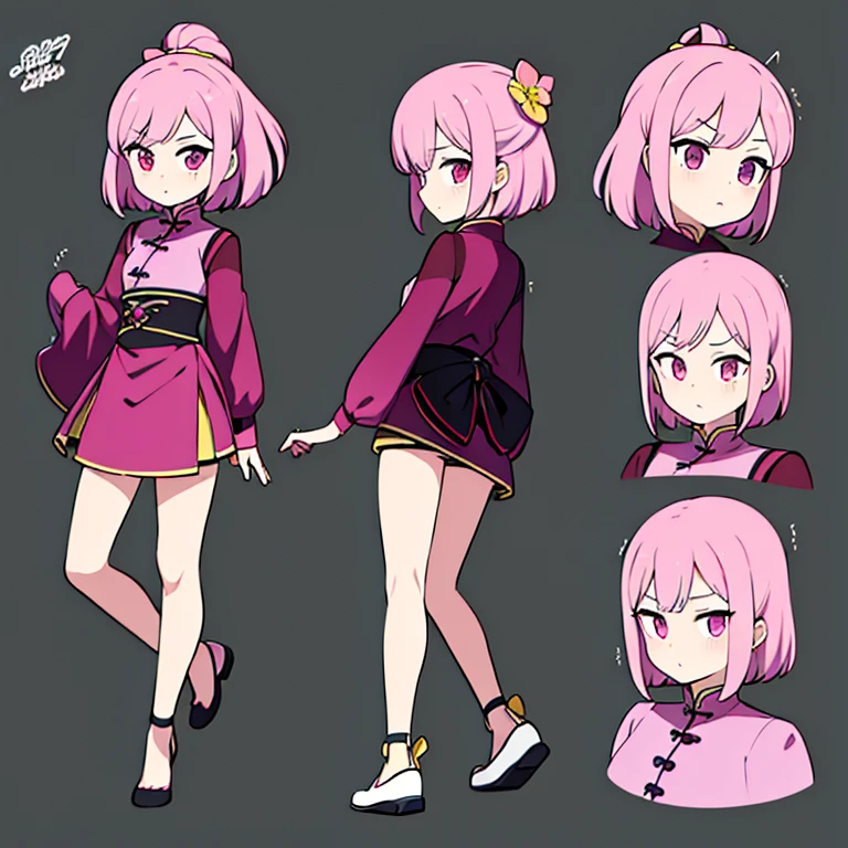 Personagem feminino da chinesa ,cabelo longo,cheio e ondulado de cor castanho escuro, seus olhos castanhos escuro, cor da pele parda, in anime version, de cores das veste branca, with pink and lilac details, em desenho flores, uma personagem feminina estilo anime e uma mestra de bombas Model sheet.