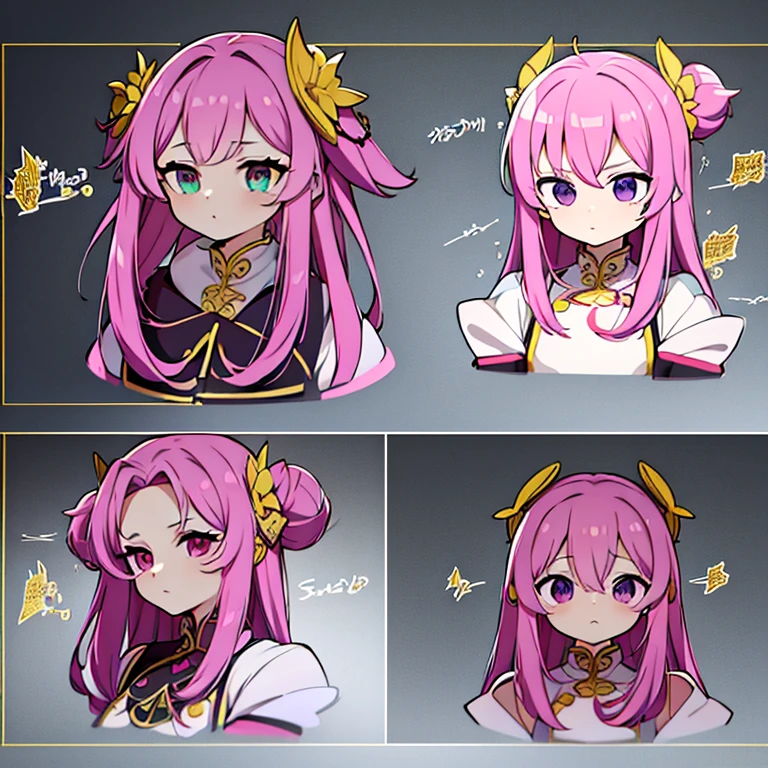 Personagem feminino da chinesa ,cabelo longo,cheio e ondulado de cor castanho escuro, seus olhos castanhos escuro, cor da pele parda, in anime version, de cores das veste branca, with pink and lilac details, em desenho flores, uma personagem feminina estilo anime e uma mestra de bombas Model sheet.