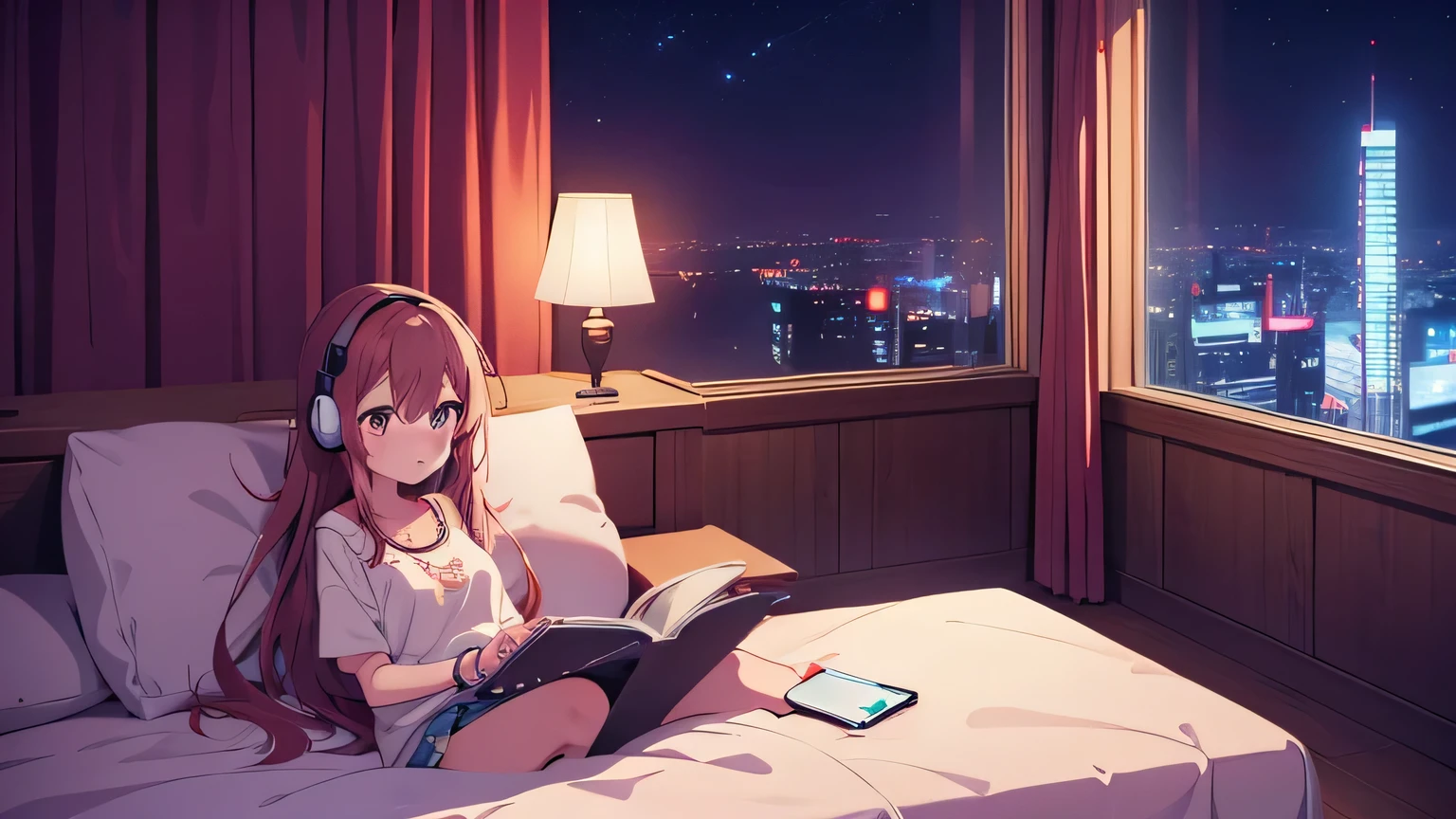 Listening to music in a cozy room at night, Usando fones de ouvido, Anime estilo 2D, Lo-fi, High definition, Ambiente escuro