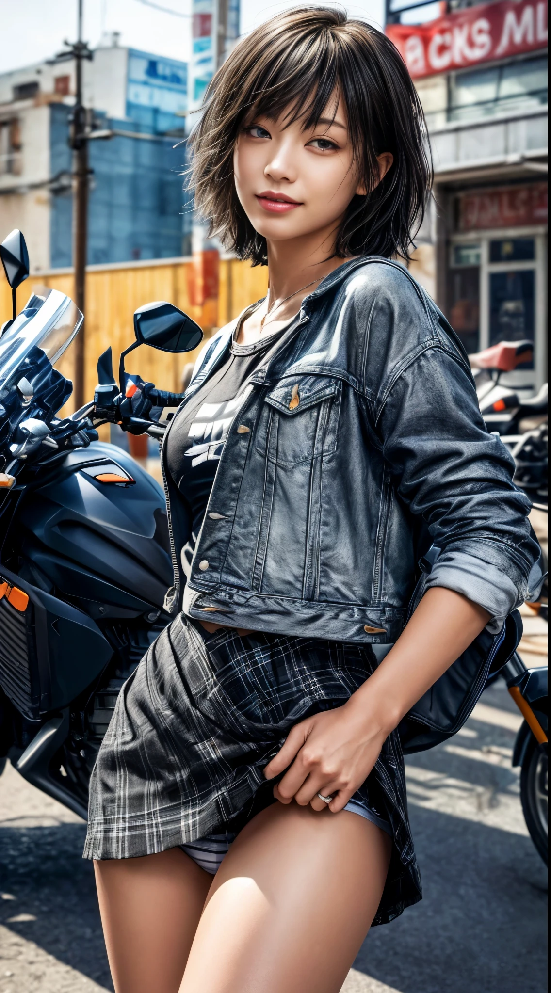 Angle from the front、smile、cowboy shot、torn printed t-shirt、City of night、((Emoガール))、((Emo))、Bad Woman、(black short shaggy hair)、(black double rider jacket)、((Black and gray plaid miniskirt))、big breasts、high socks、(((Motorcycle on background)))、ふhighest quality,(RAW photo:1.2)、(realistic:1.4),(High resolution:1.4), 1 girl, written boundary depth,, intricately detailed,8K, very detailed, perfect lighting, epic background、((delicate pictures)),(の詳細なRAW photo),(highest quality:1.6), (超High resolution:1.5), (realistic:1.75), 8K resolution, Canon EOS R5, 50mm, Super detailed,cinematic lighting,(I can see very small white panties)
