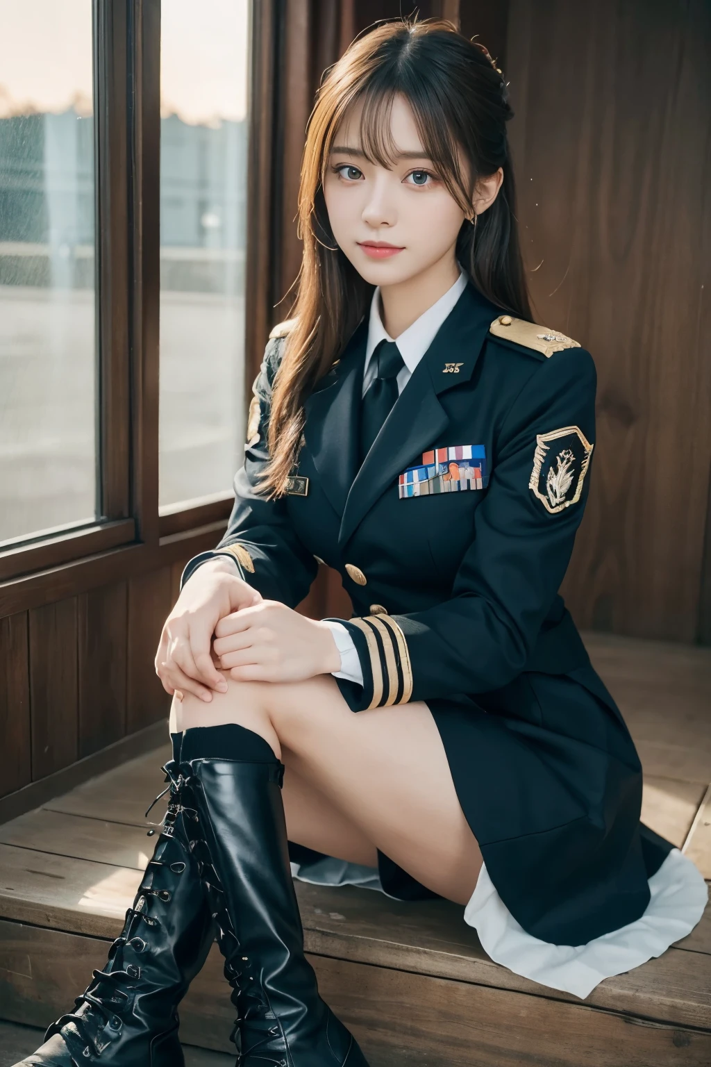 Very detailed CG Unity 8K wallpaper，（tmasterpiece），（best qualtiy），（ultra - detailed），（Ultra photo realsisim），（best character detail：1.36），Nikon D750 F / 1.4 55mm，profetional lighting， physically-based renderingt, 1girll, female soldier，Army Suit，Green military uniform，Fabric texture military uniform，Dark green tie，Army Green Skirt，military hat，Black hair，the golden ratio,[:(with detailed face:1.2):0.2]:,pureerosface_v1, broad shoulder,(Bigchest:1.5),(Big Assa:1.5)，Wide buttock ，Bare legged，plump legs，Move the center of gravity back，Squatting on the grass，Spread your legs apart，The skirt covers the bottom of the skirt，whitestocking，Small black leather shoes，Hands lying on thighs，Drenched in sweat，red flag，at the cafe，Night Street，Bright sun，Seeing the audience from the front，Bright smile，White teeth，Lighting，Back lighting，