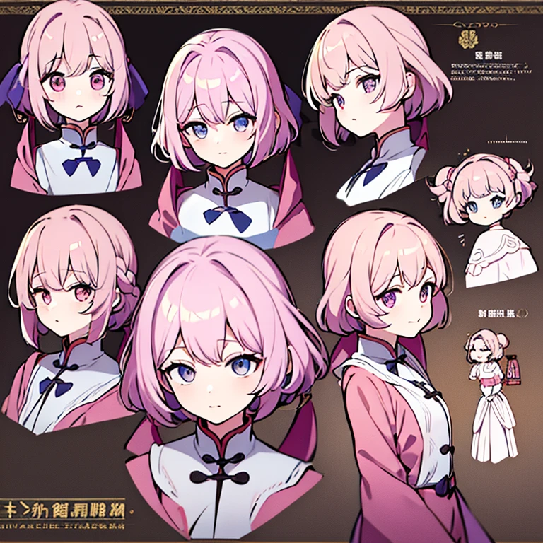 Chinese female character in the medieval period,cabelo longo,cheio e ondulado de cor castanho escuro, seus olhos castanhos escuro, cor da pele parda, in anime version, de cores das veste branca, with pink and lilac details, em desenho flores, uma personagem feminina estilo anime e uma mestra de bombas Model sheet.