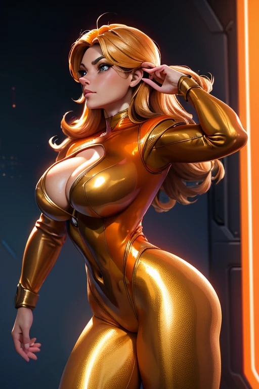 Best quality, 8K, vivid color, woman retro super hero futurism, static pose, back to the observer, golden hair, long eyelashes, light brown shiny leotard, cleavage, metalic details, light orange pantyhose, neutral sci-fi scenario