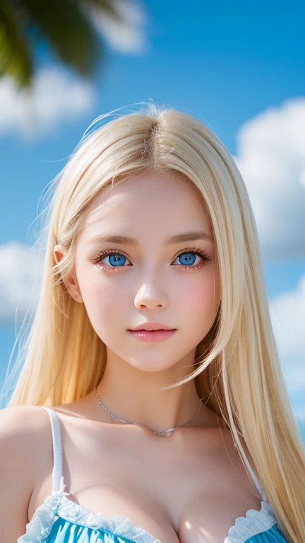 A 14-year-old beautiful girl with shiny bright blonde hair.、cute,crazy about love, face focus , Ruffled Summer Dresses, Nordic bright blonde girl, Super long bright shiny blonde hair、low contrast, (shy smile:0.8), There is a cleavage in the chest, hair scrunchie, best quality, ultra high resolution, realistic photo, Super detailed, 8K, Raw photo, master piece、Very beautiful, bright, pale sky blue, and very large eyes.、very big eyes、White shiny skin、cheek gloss highlight、small face beautiful girl、eyeliner、blonde hair above the eyes、片blonde hair above the eyes、bangs between eyes、