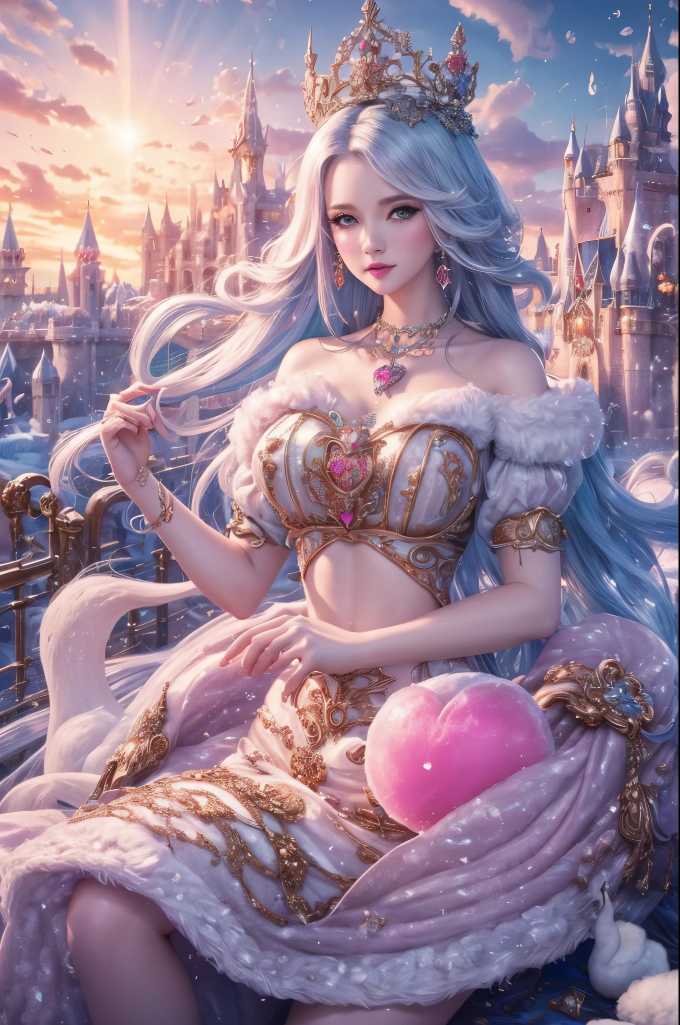 Cotton Candy Queen Women Goddess 8k Resolution Rendered Hyper Realistic Intricate Detail lives in an frosty heart shaped ice bubble, a fanciful place filled with castles, cotton candy, swans lakes and fluffy clouds, An intricate visual representation of computer programing, rendered in 24k resolution with intricate details and symbols.