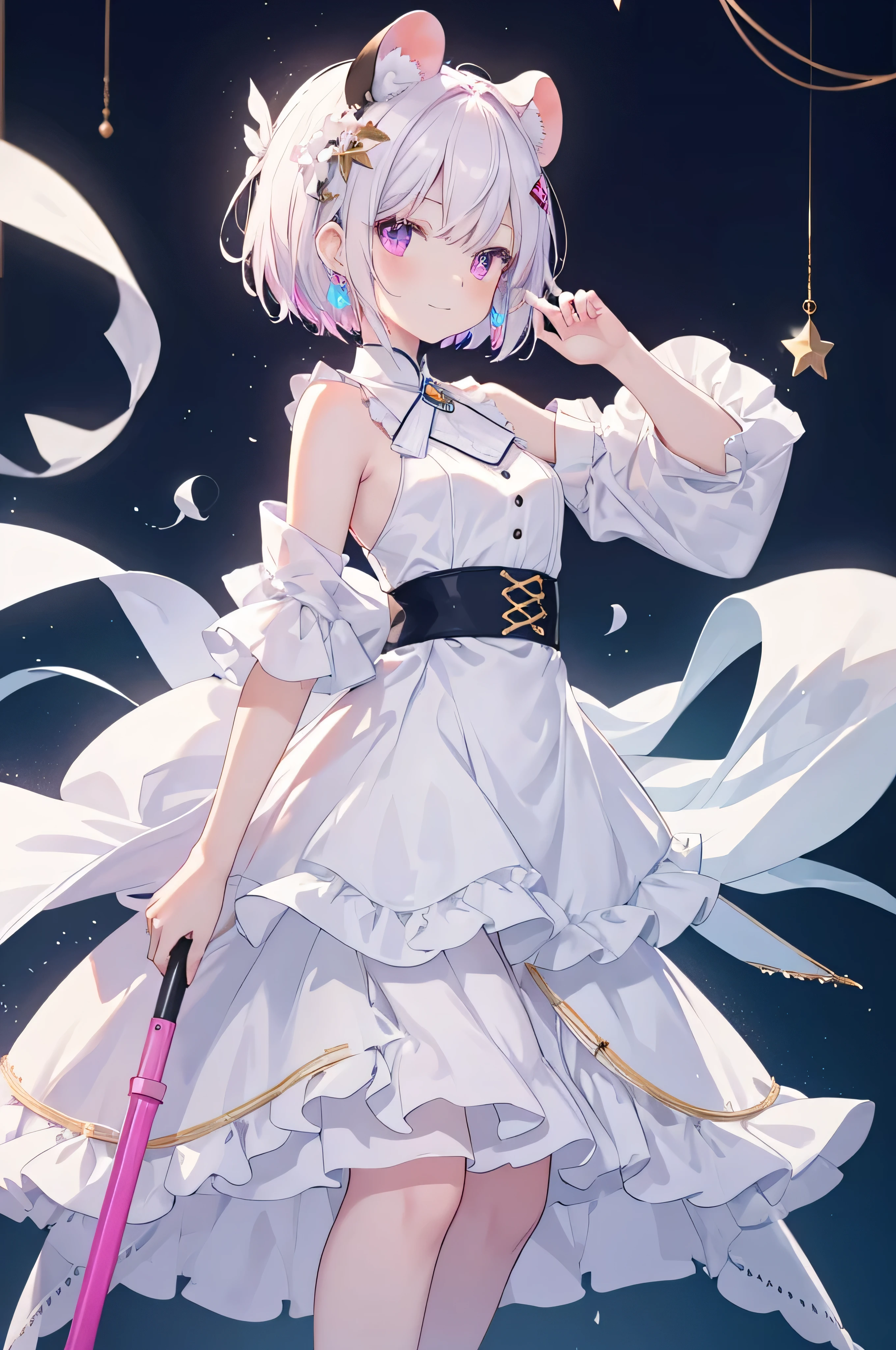human changes,Thin and skinny figure,female face,subtle smile expression,white short hair,pink eyes,There are bright spots in the eyes,female hands,newbie,normal finger,microphone in hand,White mouse ears on head,Wearing gorgeous idol costumes,There are earrings on the ears,stand on stage,There are colorful cheering sticks under the stage,masterpiece,Exquisite and delicate的二次元精美画风,Exquisite and delicate,8K high quality,CG wallpaper,HD,bad milk,alone,tomorrow ark风格,tomorrow ark,white short hair,White mouse ears on head