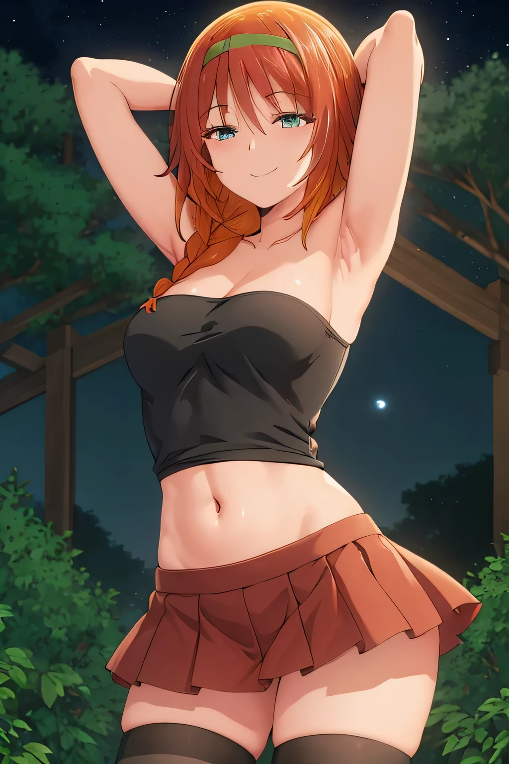 ((masterpiece, best quality, high quality, highres)):1.2,
 closed_mouth, night sky, forest, arms behind head, spread armpits, midriff, contrapposto, cowboy shot, smile,
black thighhighs, skirt, zettai ryouiki, black shirt, 
kagura,  side braid, 