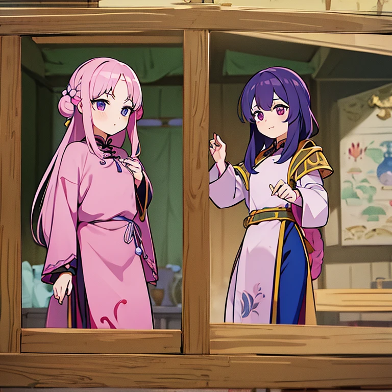 Chinese female character from the medieval period,cabelo longo,cheio e ondulado de cor castanho escuro, seus olhos castanhos escuro, cor da pele parda, in anime version, de cores das veste branca, with pink and lilac details, em desenho flores, uma personagem feminina estilo anime e uma mestra de bombas Model sheet.