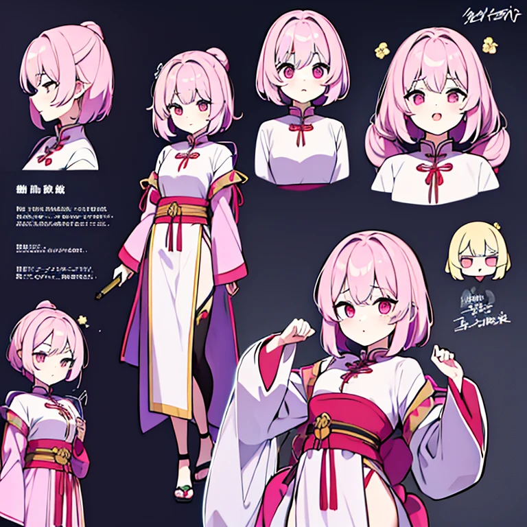 Chinese female character from the medieval period,cabelo longo,cheio e ondulado de cor castanho escuro, seus olhos castanhos escuro, cor da pele parda, in anime version, de cores das veste branca, with pink and lilac details, em desenho flores, uma personagem feminina estilo anime e uma mestra de bombas Model sheet.
