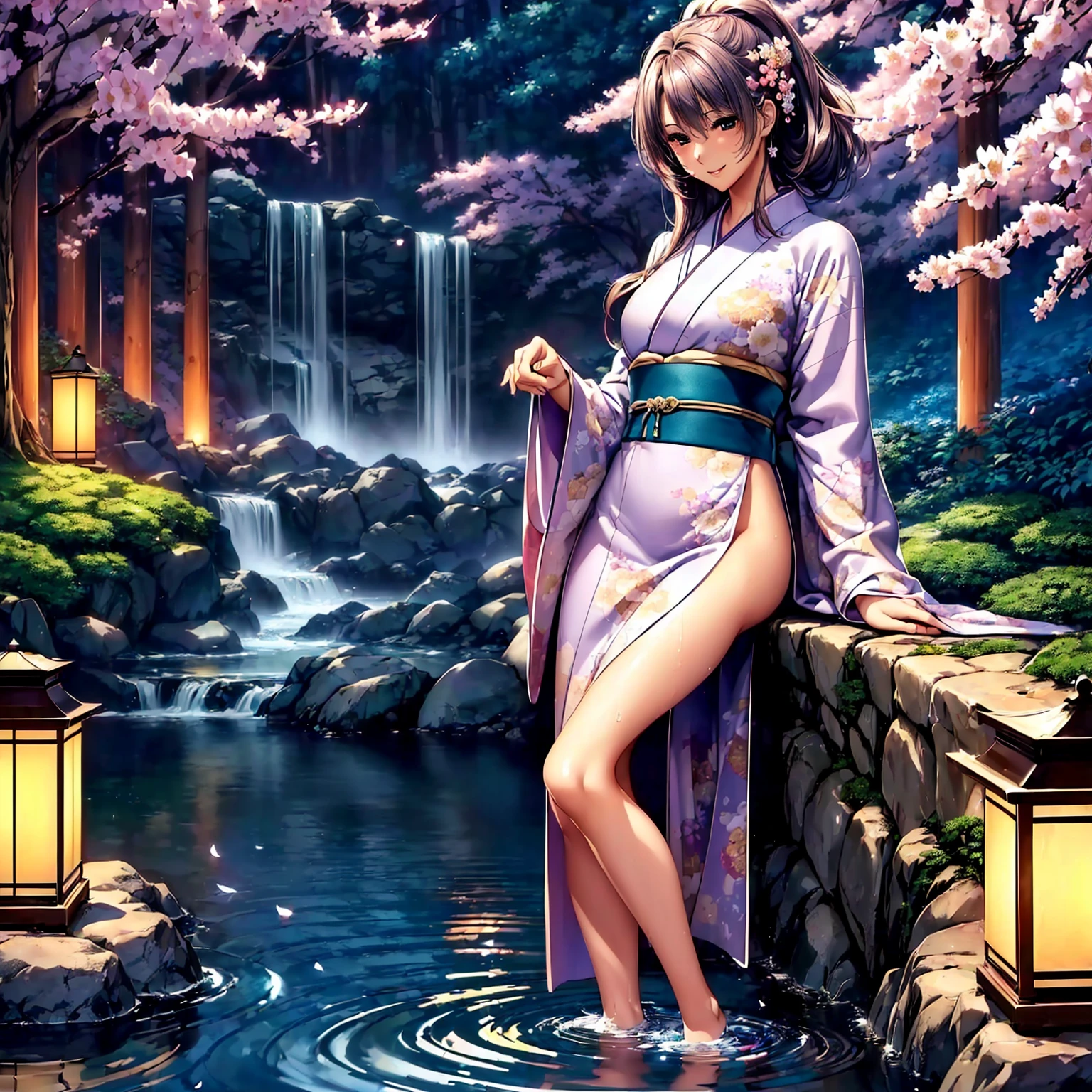 (((highest quality、masterpiece、very high resolution))),(A woman of exquisite beauty:1 person,beautiful figure,beautiful face,beautiful skin,beautiful breasts,Well-formed eyes and nose,bright smile)、(Beautiful slender body,best hair texture,Best skin texture)、((Beautiful Japan kimono:floral and colorful)),(Fantastic waterside,There is a waterfall,Night cherry blossoms and lanterns,mysterious night sky、beautiful scenery),(water play,beautiful pose,model shoot,Hair flutters under the influence of the wind),realistic portrait,bijinga,(highly detailed images、accurate image、Perfect Image 1.5),(best shot,RAW photo)
