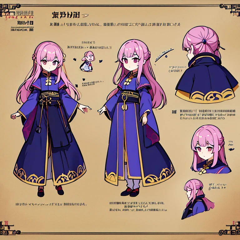 Chinese female character in the medieval period,cabelo longo,cheio e ondulado de cor castanho escuro, seus olhos castanhos escuro, cor da pele parda, in anime version, de cores das veste branca, with pink and lilac details, em desenho flores, uma personagem feminina estilo anime e uma mestra de bombas Model sheet.