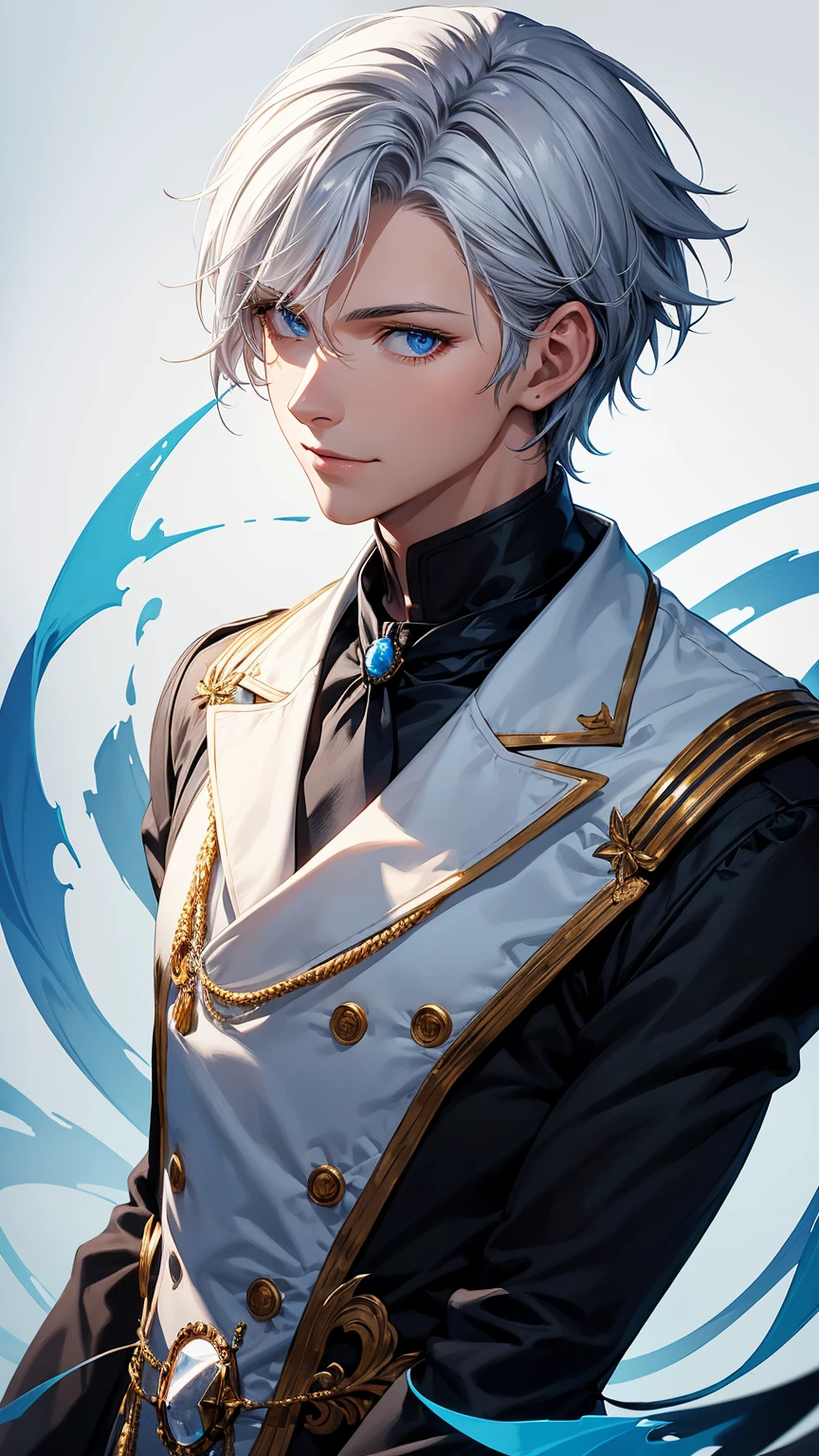 ung man,solo, male photo, confident smile,silver hair, ((short hair)), (short sideburns),light blue eyes, slant eyes,anatomically correct,blue ribbon tie,black gloves,white cloak,black suit,beautiful japanese style background,best quality, high quality,masterpiece, 8K 