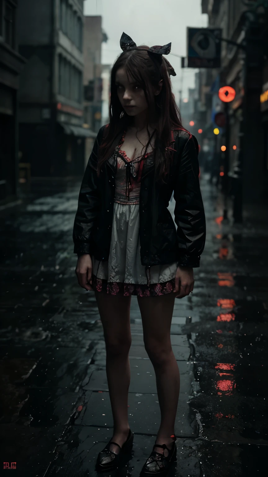 creepy little zombie alice in wonderland , l, detailed scene, red, perfect face, intricately detailed photorealism, trending on artstation, neon lights, rainy day, stunning full body anime art by Mark Ryden