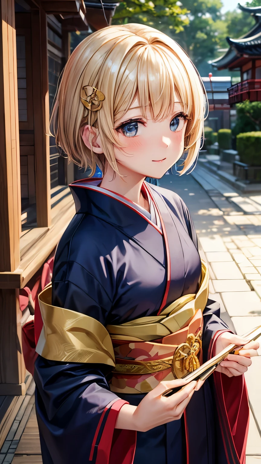 Best Quality、、Very cute、glad looking face、short-hair、Golden head hair、shrines、I want to blush、Staring at this、winc、Kimono、胸の谷間