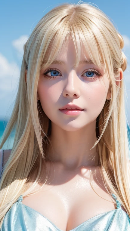 A 14-year-old beautiful girl with shiny bright blonde hair.、cute,crazy about love, face focus , Ruffled Summer Dresses, Nordic bright blonde girl, Super long bright shiny blonde hair、low contrast, (shy smile:0.8),  There is a cleavage in the chest,  hair scrunchie,  best quality, ultra high resolution, realistic photo, Super detailed, 8K, Raw photo, master piece、Very beautiful, bright, pale sky blue, and very large eyes.、very big eyes、White shiny skin、cheek gloss highlight、small face beautiful girl、eyeliner、blonde hair above the eyes、片blonde hair above the eyes、bangs between the eyes、