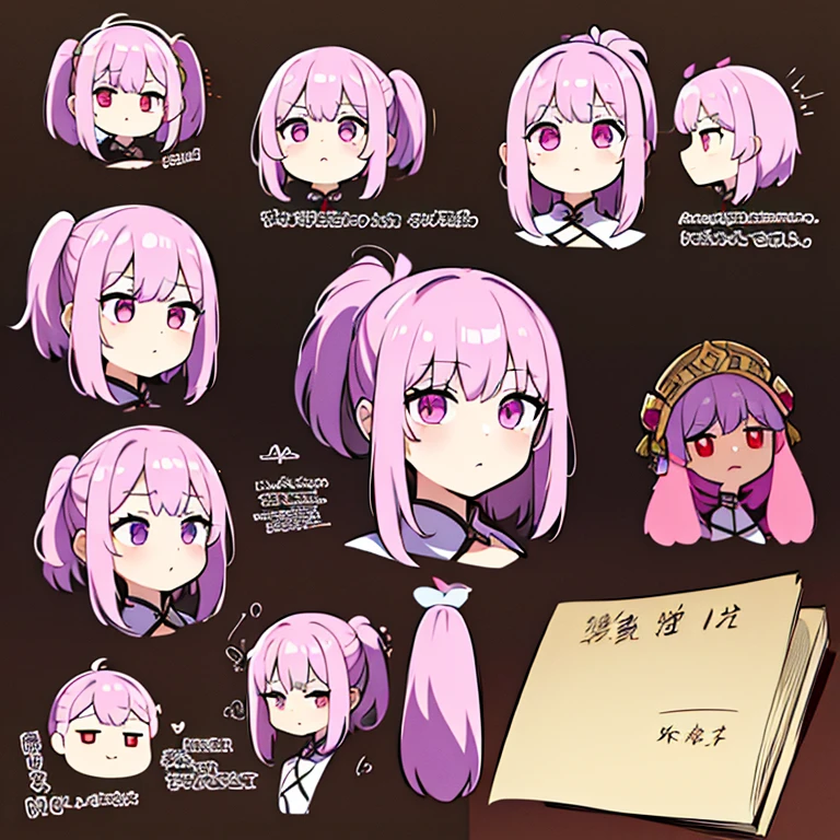 Chinese female character from the medieval period,cabelo longo,cheio e ondulado de cor castanho escuro, seus olhos castanhos escuro, cor da pele parda, in anime version, de cores das veste branca, with pink and lilac details, em desenho flores, uma personagem feminina estilo anime e uma mestra de bombas Model sheet.