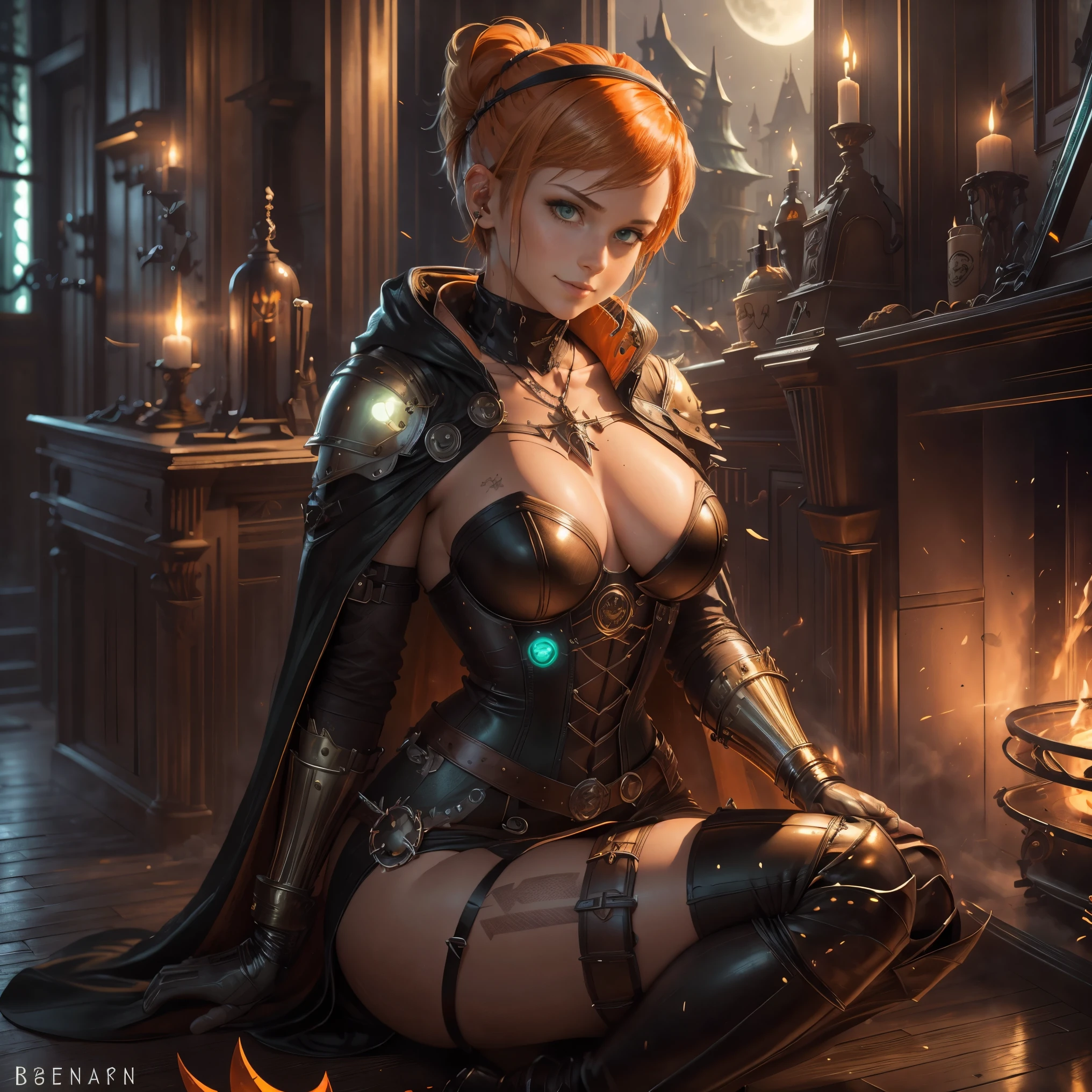 gwen tennyson,tracer,bulma,rebecca chambers,1girl,close up,moonlight,witch costume,gold neck jewelry,body tattoos,short hair,gown dress, pumpkin village,ceremonial cape,gothic corset,halloween forest,gold,amulets,glowing cauldron, gothic piercings and tattoos, white tribal top,green eyes,orange hair,shy smile,freckles,redhead,beautiful girl,large breasts,thigh high boots,ultra detailed,realistic,fantasy art,garter belt,holding a wand,black cat,