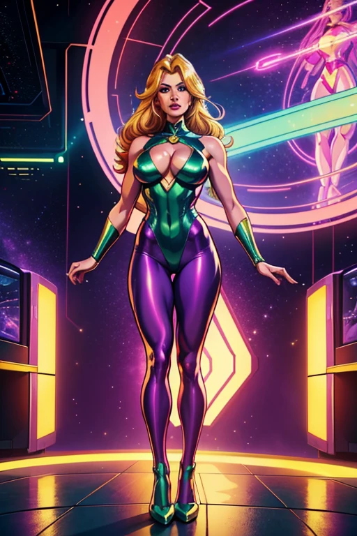 Best quality, 8K, vivid color, woman retro super hero futurism, full body, standing, facing away from the observer, golden hair, long eyelashes, light purple shiny leotard, cleavage, metalic details, light green pantyhose, neutral sci-fi scenario