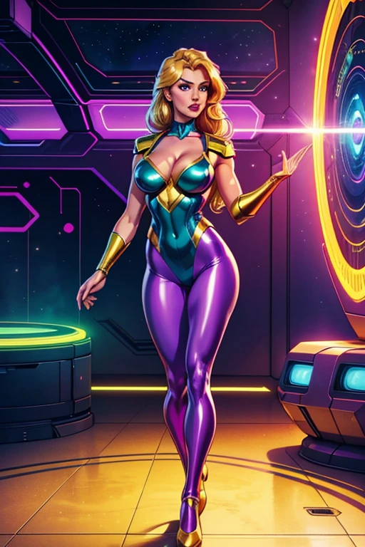 Best quality, 8K, vivid color, woman retro super hero futurism, full body, standing, facing away from the observer, golden hair, long eyelashes, light purple shiny leotard, cleavage, metalic details, light green pantyhose, neutral sci-fi scenario