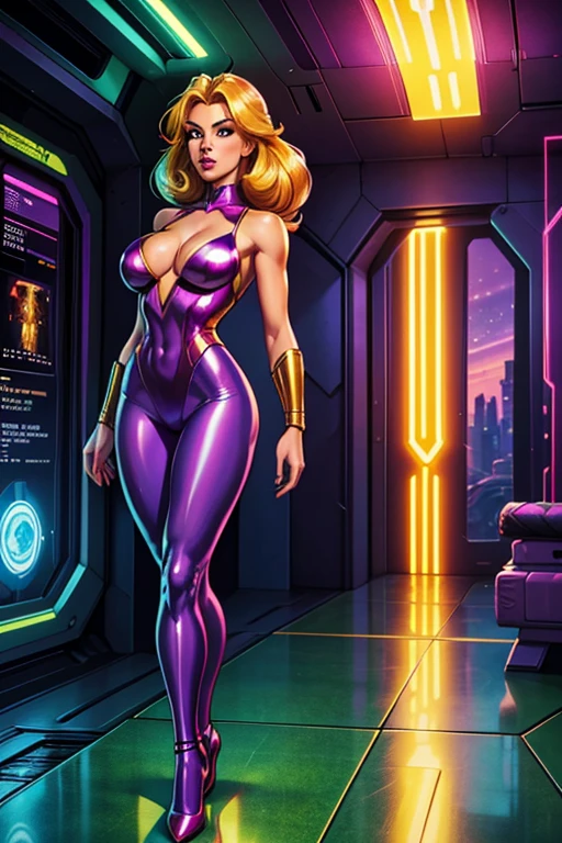 Best quality, 8K, vivid color, woman retro super hero futurism, full body, standing, facing away from the observer, golden hair, long eyelashes, light purple shiny leotard, cleavage, metalic details, light green pantyhose, neutral sci-fi scenario
