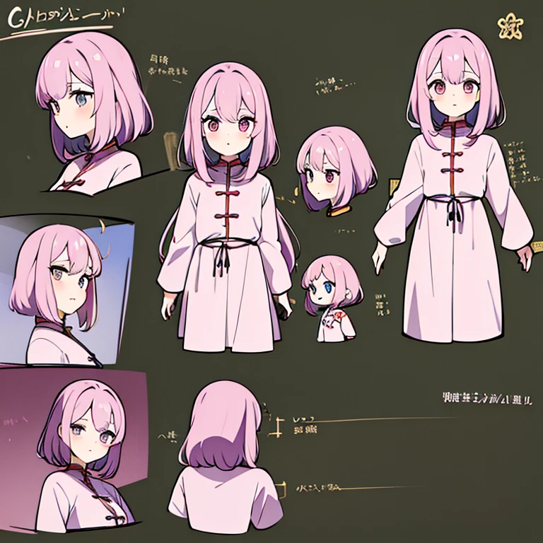 Chinese female character from the medieval period,cabelo longo,cheio e ondulado de cor castanho escuro, seus olhos castanhos escuro, cor da pele parda, in anime version, de cores das veste branca, with pink and lilac details, em desenho flores, uma personagem feminina estilo anime e uma mestra de bombas Model sheet.
