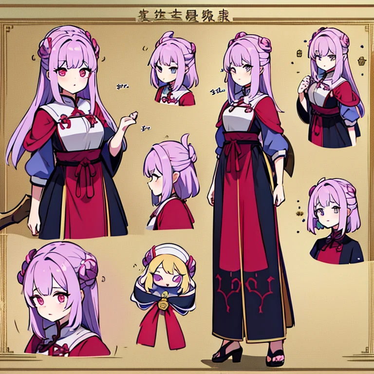 Chinese female character from the medieval period,cabelo longo,cheio e ondulado de cor castanho escuro, seus olhos castanhos escuro, cor da pele parda, in anime version, de cores das veste branca, with pink and lilac details, em desenho flores, uma personagem feminina estilo anime e uma mestra de bombas Model sheet.
