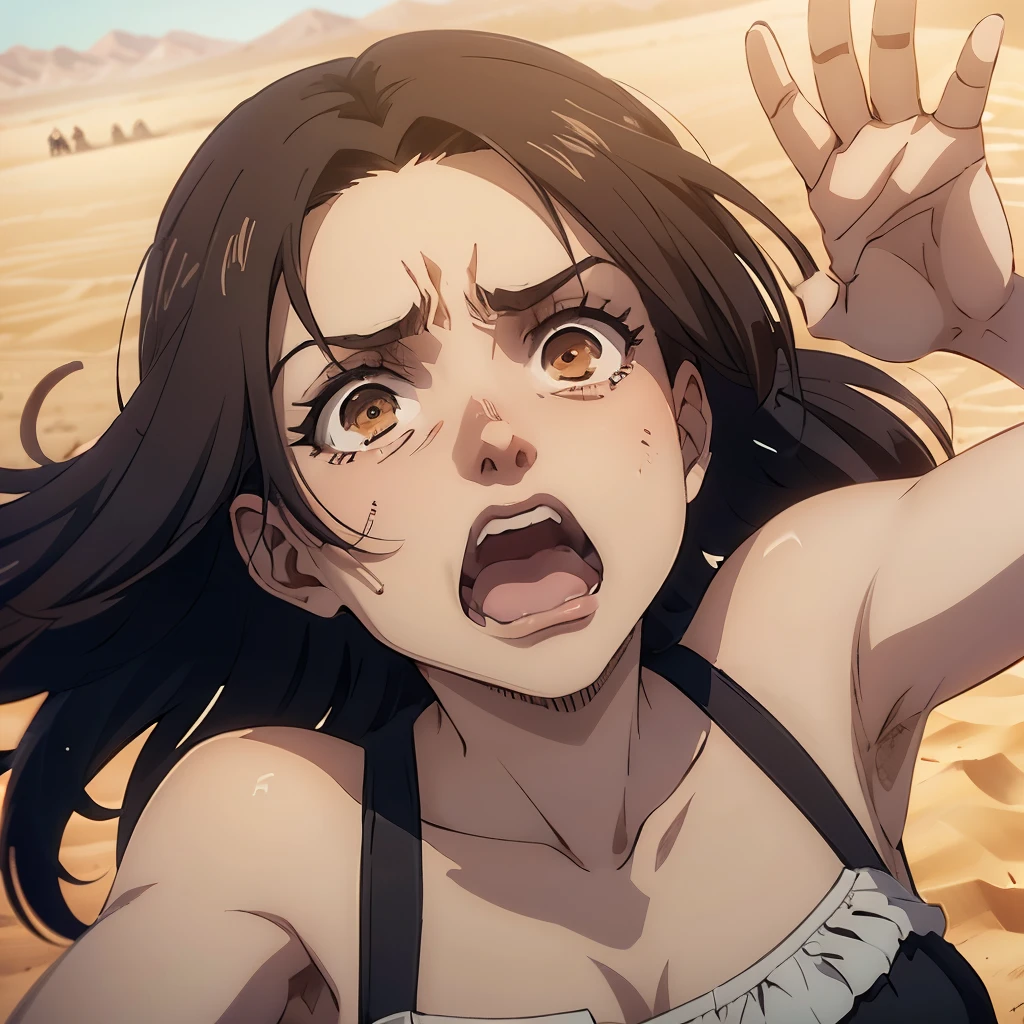 Woman with dark hair and hazel eyes, she&#39;s screaming with her hands up; are in the desert during the day