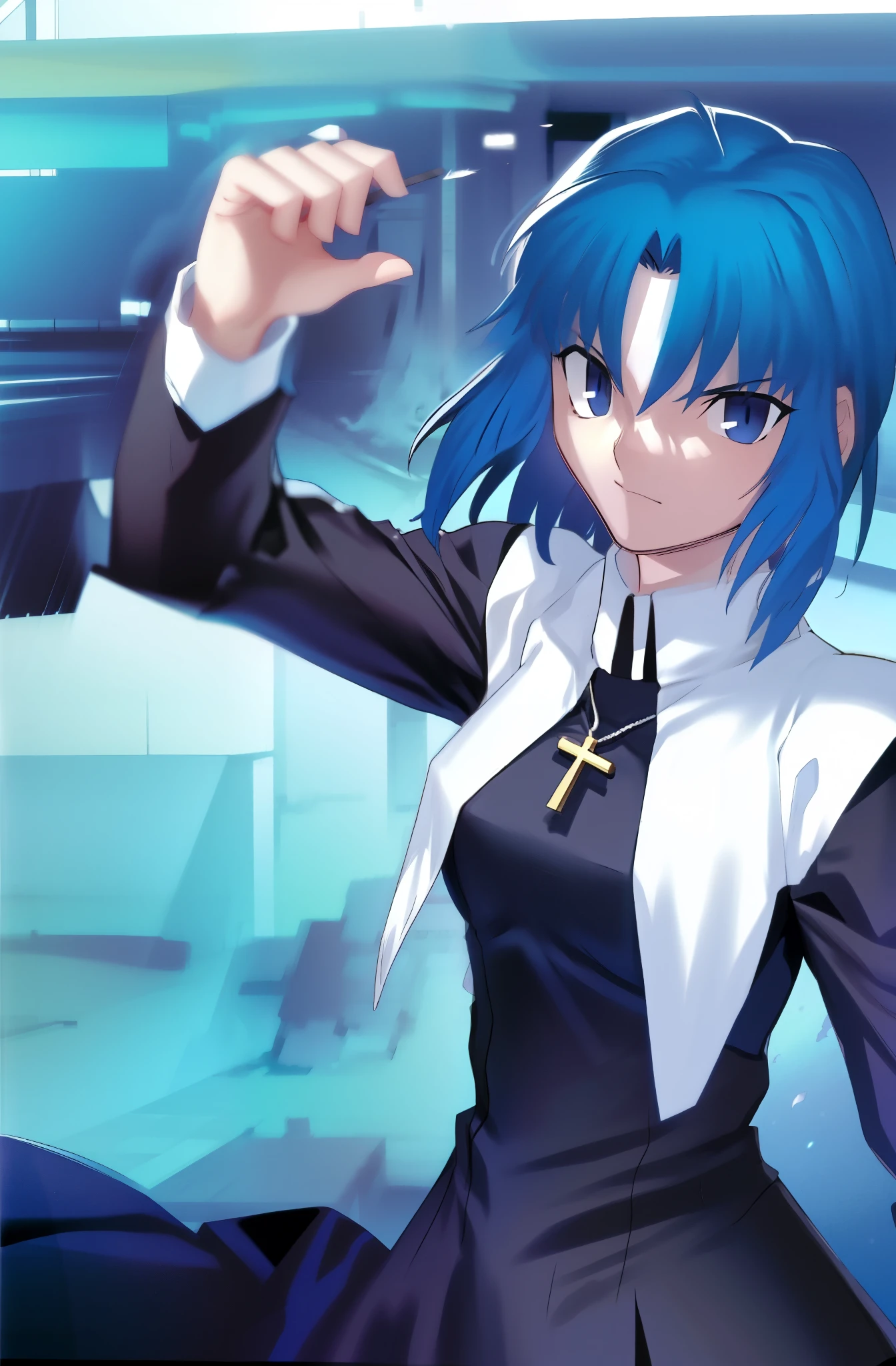 Takeuchi Takahashi, (best quality, 4k, 8k, highres,masterpiece:1.2), (ultra-detailed:1.5), ciel_(tsukihime), cowboy shot, 1girl, solo, (long sleeves black dress;1.4), chain, (white habit:1.5), sad, looking at viewer, antenna hair, (ahoge:1), closed mouth, fingernails, breasts, medium breasts, cross, latin cross, cross, holding, necklace, nun, symmetrical, serious, (eyebrow). blue background