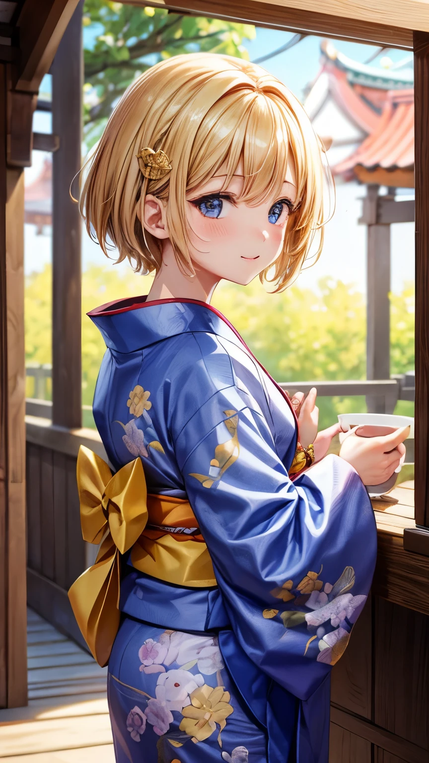 Best Quality、、Very cute、glad looking face、short-hair、Golden head hair、shrines、I want to blush、Staring at this、winc、Kimono、胸の谷間