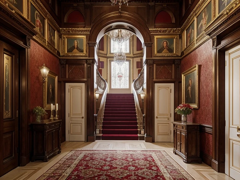 Medieval European mansions、There are no people、Entrance lobby、On the wall is a picture of a naked woman in a gorgeous frame.、There are multiple portraits、Red wallpaper、Luxurious carpets、Stairwell staircase、high ceilings