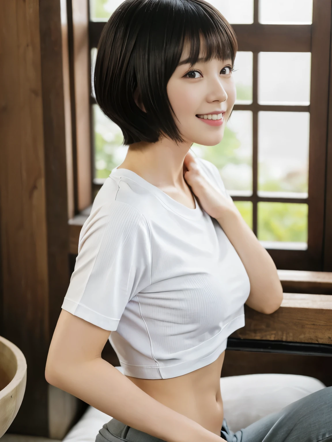 top-quality,masterpiece,Raw photography,8K,Top image quality,hight resolution, 18 years old Japanese female idol ,Beautuful Women,cute Japanese girls, Pretty Woman ,Beautiful face in every detail, aegyo sal ,small head, seductive smile ,Realistic human skin, pale skin ,cut model , Short hair ,bowl cut ,skinny body ,Sweat, t-shirts,rib ,(low rise pants,from side, ), constriction, anterior superior iliac spine ,navel focus, arched back,