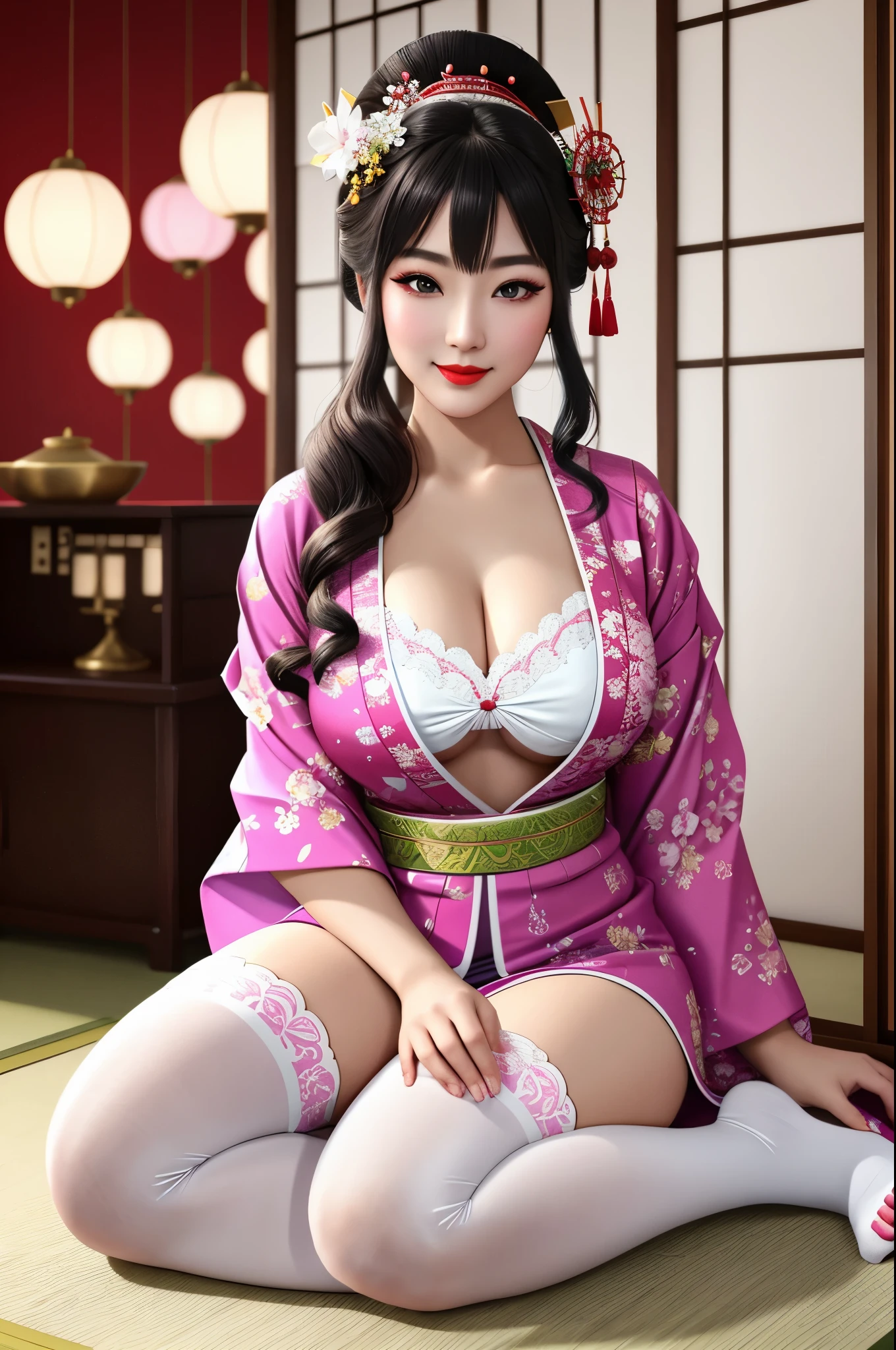 detailed realistic image of ung divine and gorgeously decorated oiran, (full body shot:1.5), traditional japanese beauty, light purple-blue-green-pink-white sexual kimono with highly detailed traditional pattern, traditional intricate geisha hairstyle, hair sticks, kanzashi, kanoko, bira-bira, japanese traditional women's hair ornaments, flirts with camera, seducing smile, ultra sexy, fancy makeup, heavy eye makeup, red lipstick, [[[long legs in (((white opaque stockings with complex intricate traditional pattern)))]]], big breasts, cleavage, in traditional japanese interior, (Best Quality, 16K, Masterpiece, UHD, Ultra quality cinematic lighting, Huge detail, Well lit, 35mm, sharp, hyper realistic, epic scale, insane level of details, beautiful detailed girl, very detailed eyes and face, beautiful detailed eyes, ultra detailed skin, realistic skin)