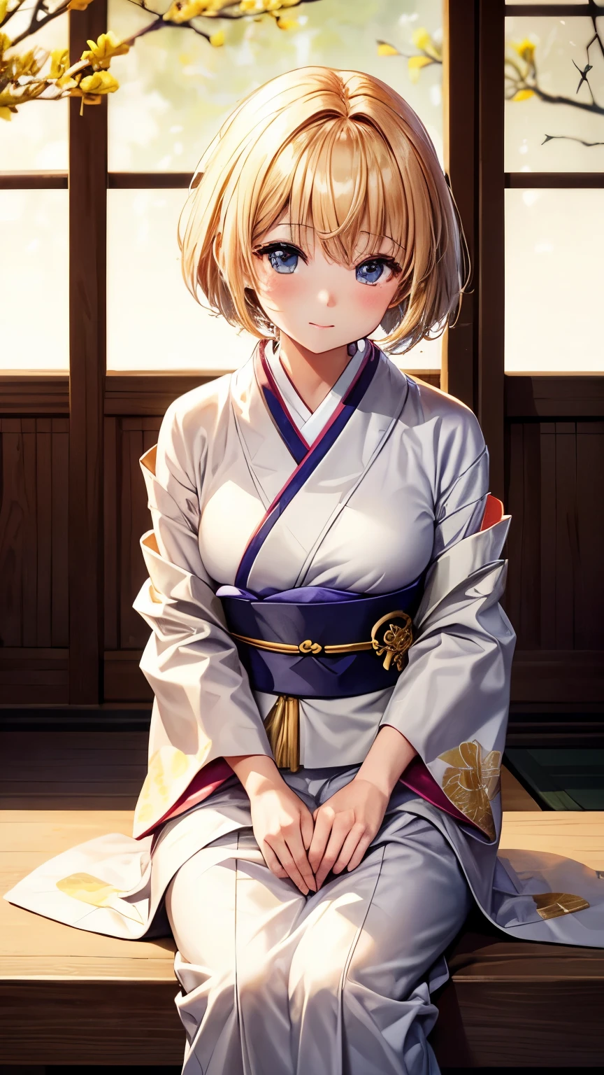 Best Quality、、Very cute、glad looking face、short-hair、Golden head hair、shrines、I want to blush、Staring at this、winc、Kimono、胸の谷間