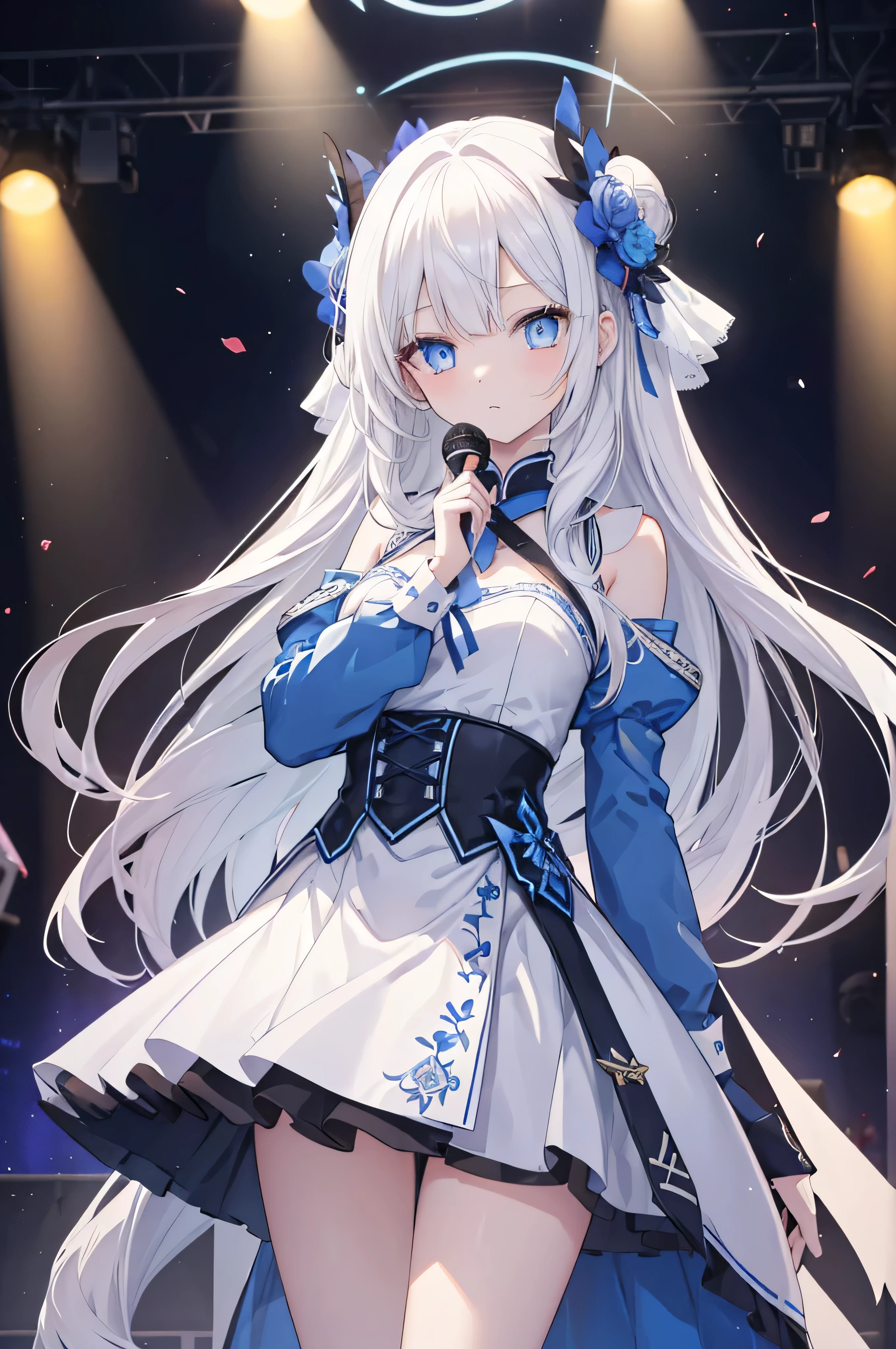 A human girl,The girl is slim,female face,poker face,white long straight hair,blue eyes,There are bright spots in the eyes,female hands,newbie,normal finger,microphone in hand,Wearing blue idol costume,There are many straps on the body,Stand on stage and sing,There are colorful cheering sticks under the stage,masterpiece,Exquisite and delicate的二次元精美画风,Exquisite and delicate,8K high quality,CG wallpaper,HD,bad milk,alone,tomorrow ark风格,tomorrow ark,Asymmetrical clothing design