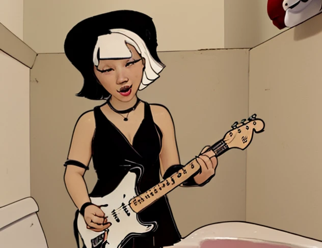 Amy Cream Cookie playing Electric Guitar in China Bathroom 