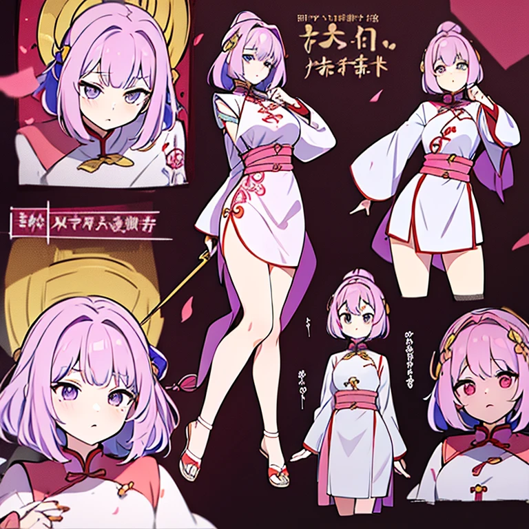 Lyristia, {white pupils}, gray eyes, 1girl, black bow, long sleeves, collarbone, wide sleeves, hair bun, hair over one eye, sash, chinese clothes, single hair bun, one eye covered, hair stick, paintbrush, hanfu, holding paintbrush, pink hair