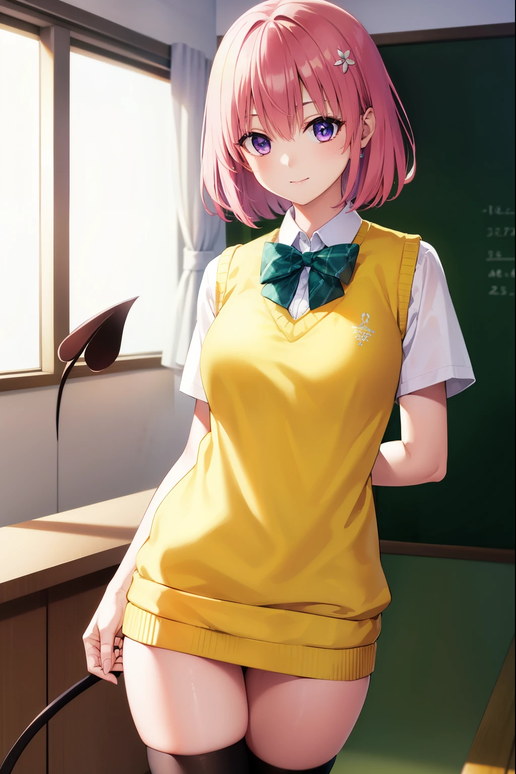 momodevilluke, momo deviluke, demon tail, hair flower, hair ornament, (purple eyes:1.1), pink hair, short hair, tail, smile,
BREAK demon tail, green skirt, plaid, plaid skirt, sainan high school uniform, school uniform, skirt, sweater vest, thighhighs, (yellow sweater:1.5), short sleeves, bow, green bow,
BREAK indoors, classroom,
BREAK looking at viewer, (cowboy shot:1.5),
BREAK (masterpiece:1.2), best quality, high resolution, unity 8k wallpaper, (illustration:0.8), (beautiful detailed eyes:1.6), extremely detailed face, perfect lighting, extremely detailed CG, (perfect hands, perfect anatomy),