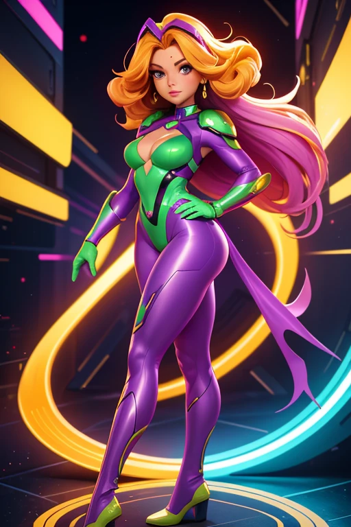 Best quality, 8K, vivid color, woman retro super hero futurism, full body, standing, facing away from the observer, golden hair, long eyelashes, light purple shiny leotard, cleavage, metalic details, light green pantyhose, neutral sci-fi scenario